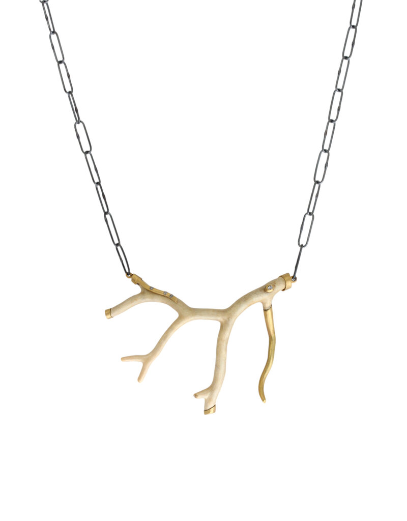 Horizontal Fossilized Coral Branch Necklace with 18k Gold, Grey Diamonds and Handmade Chain