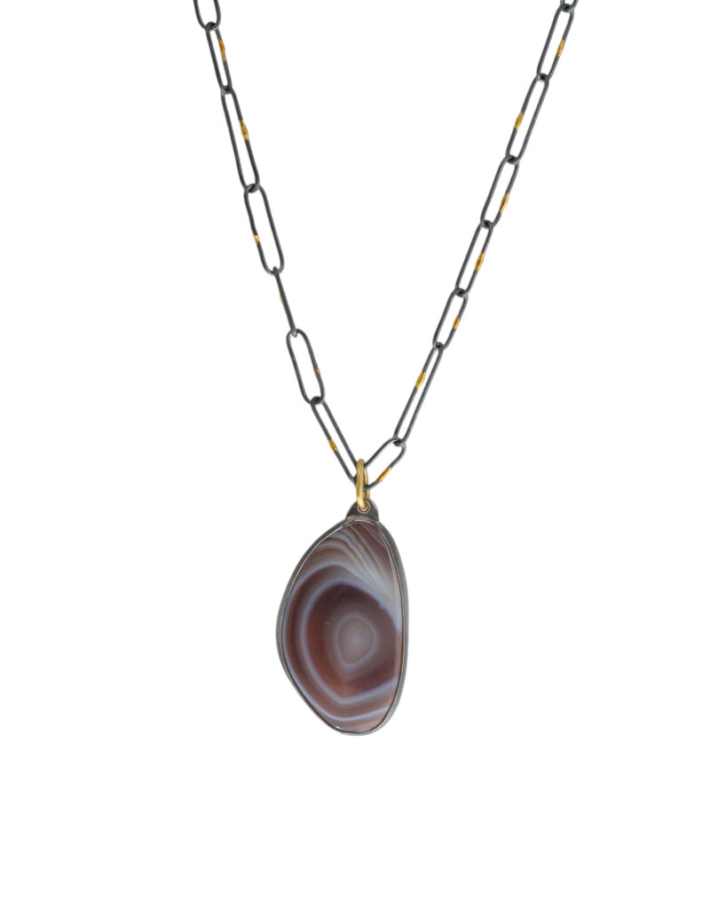 Botswana Agate Pendant in Oxidized Silver with 18k Gold Bail