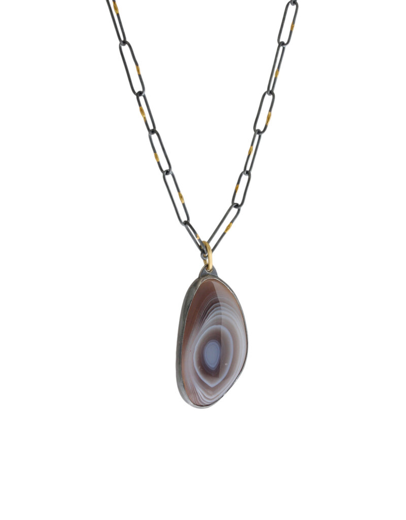 Botswana Agate Pendant in Oxidized Silver with 18k Gold Bail
