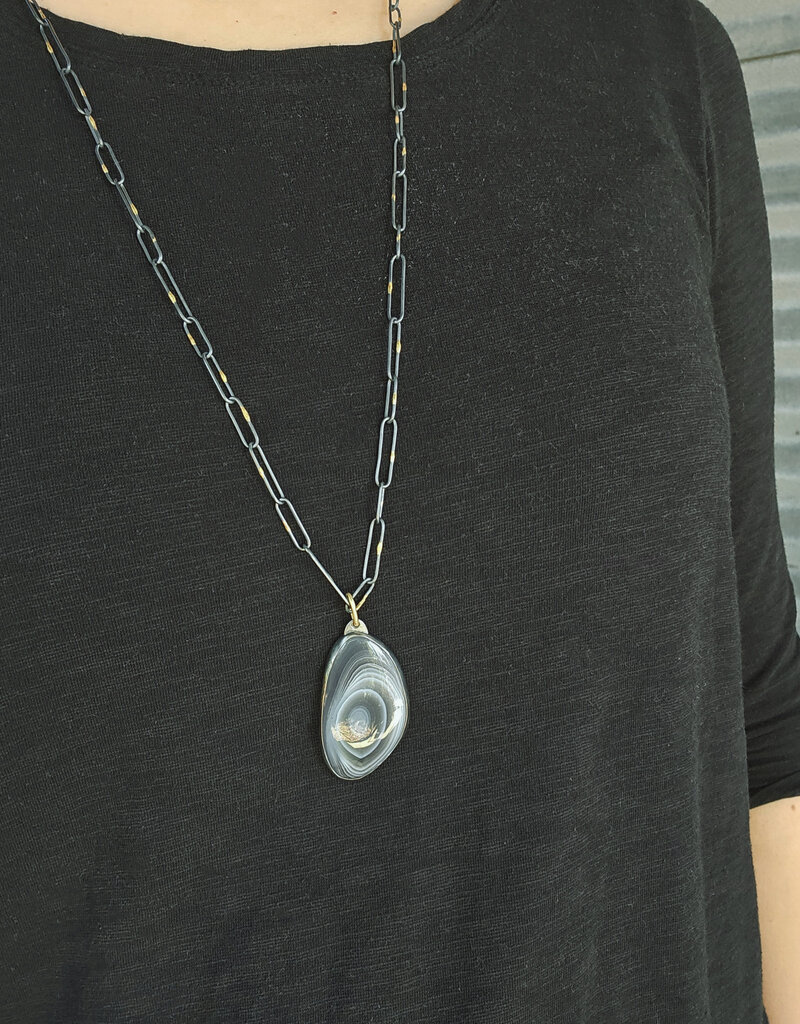Botswana Agate Pendant in Oxidized Silver with 18k Gold Bail