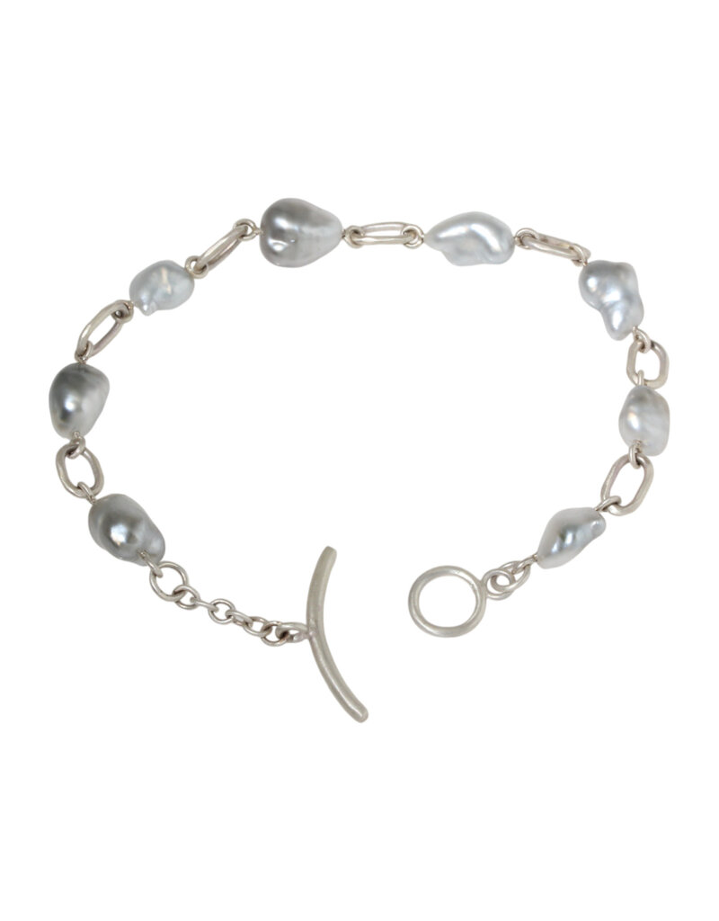 Keshi Pearl Bracelet in Brushed Silver with Toggle Clasp