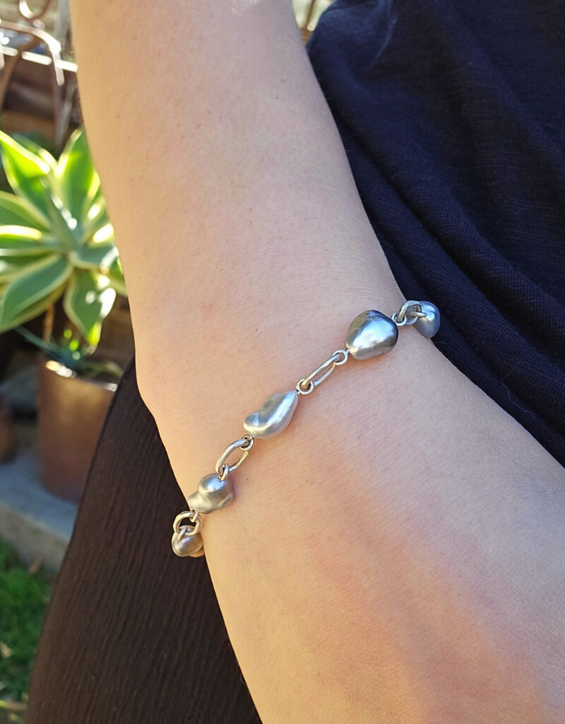 Keshi Pearl Bracelet in Brushed Silver with Toggle Clasp