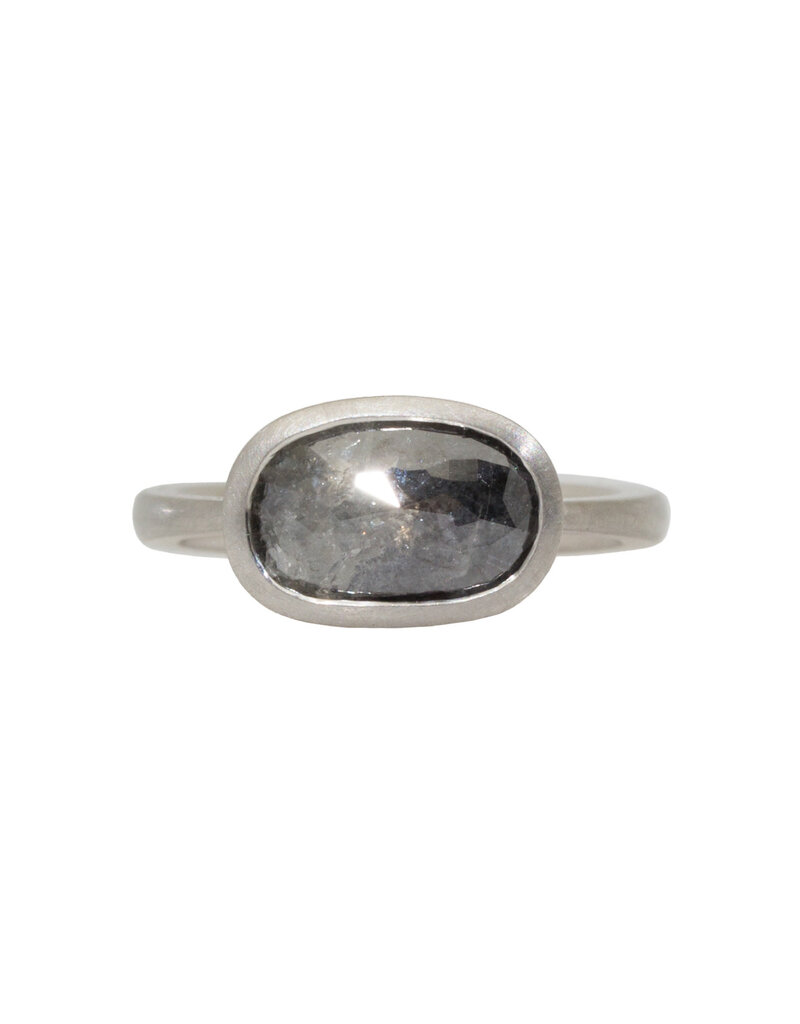 Long Oval Salt & Pepper Diamond Solitaire Ring in Platinum