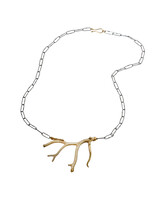 Horizontal Fossilized Coral Branch Necklace with 18k Gold, Grey Diamonds and Handmade Chain