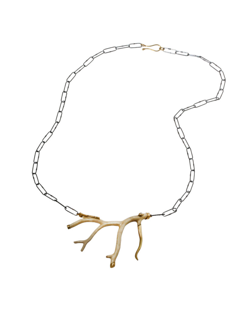Horizontal Fossilized Coral Branch Necklace with 18k Gold, Grey Diamonds and Handmade Chain