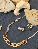 Carved Wood Link and Pearl Necklace with Antler, Turquoise, Silver and Brass Chain