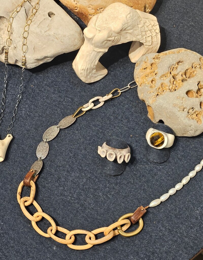 Carved Wood Link and Pearl Necklace with Antler, Turquoise, Silver and Brass Chain