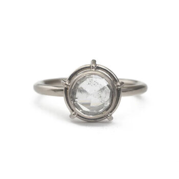 Tura Sugden Round Rose Cut Diamond Solitaire Ring in 18k Palladium White Gold