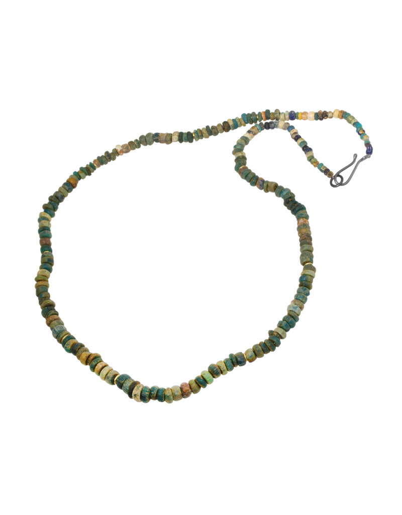 Ancient Malian Glass Bead Necklace with 18k Gold and Oxidized Silver Handmade Clasp