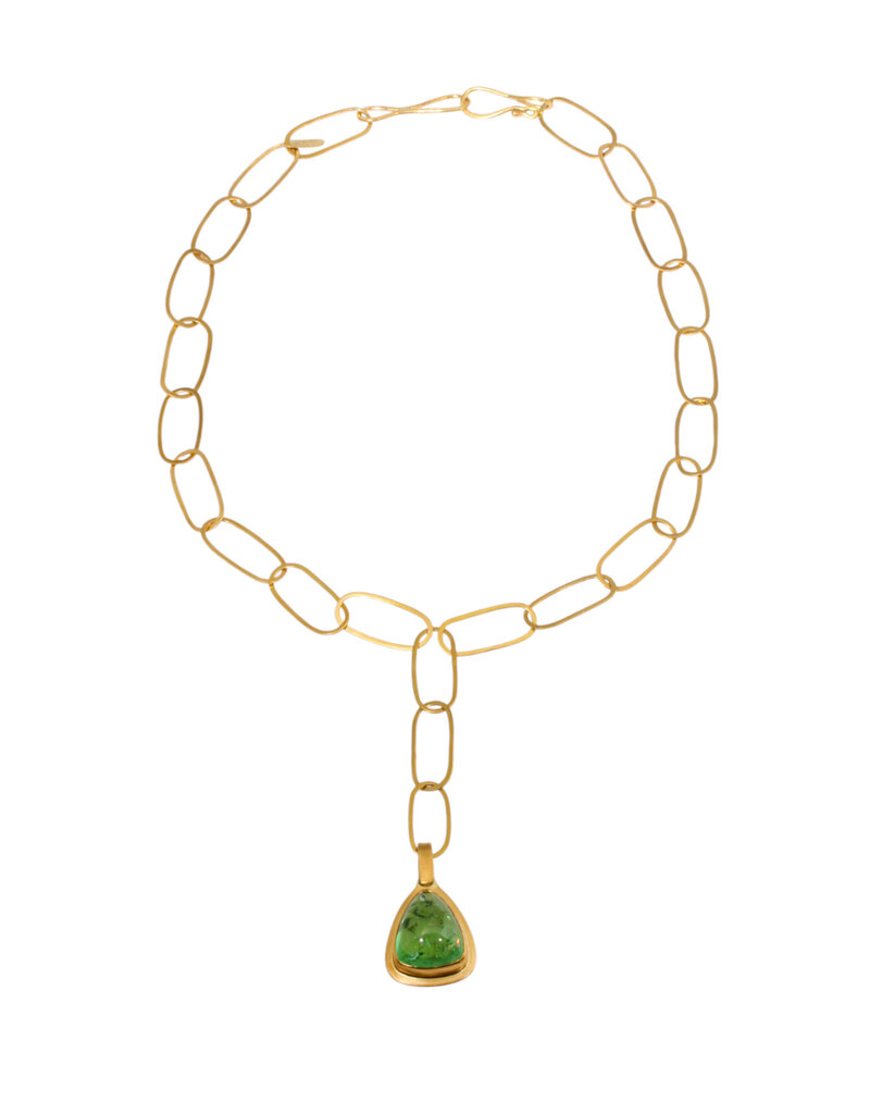 Big Sur Goldsmiths Green Tourmaline Pendant with Hand Forged Chain in 22k Gold