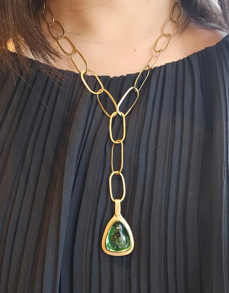 Big Sur Goldsmiths Green Tourmaline Pendant with Hand Forged Chain in 22k Gold
