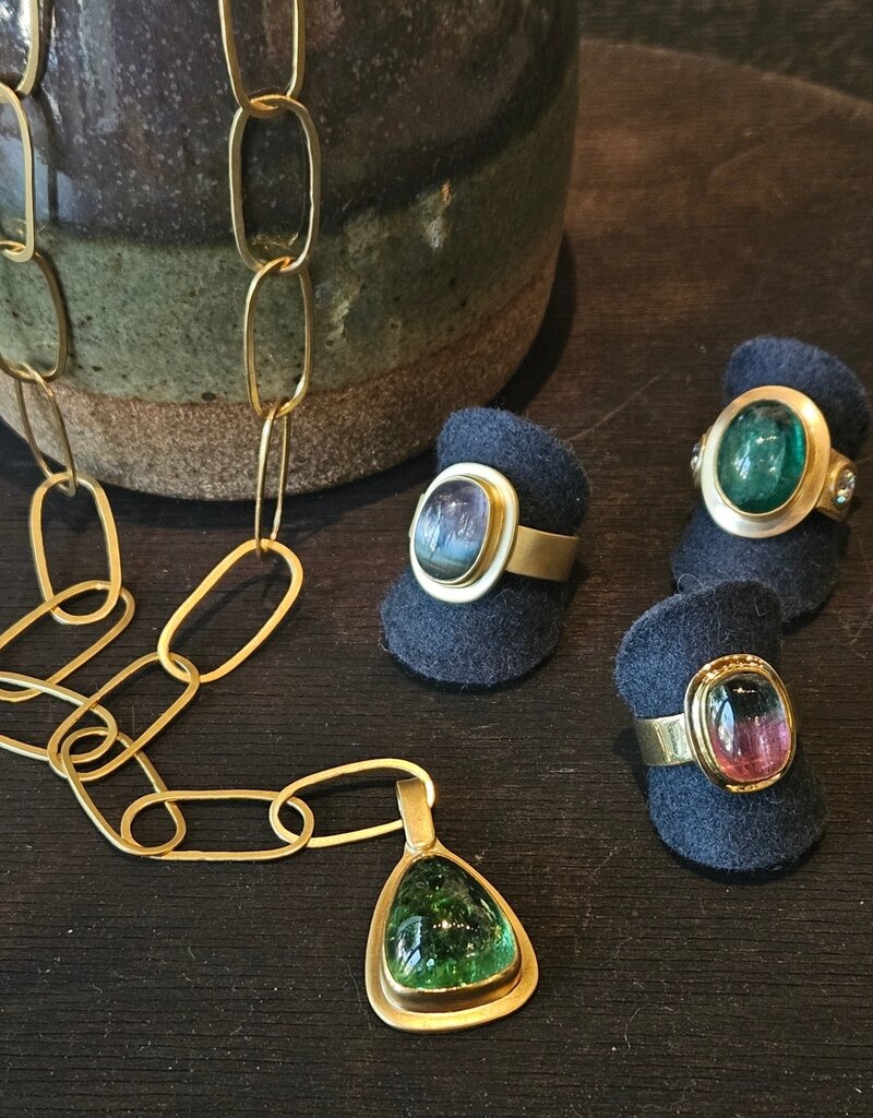 Big Sur Goldsmiths Green Tourmaline Pendant with Hand Forged Chain in 22k Gold