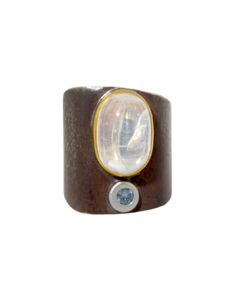 Big Sur Goldsmiths Moonstone Ancient Shield Saddle Ring in Silver, Platinum and 22k Gold