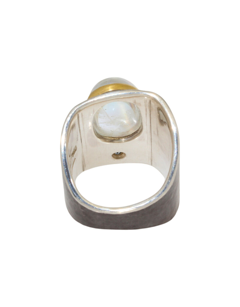 Big Sur Goldsmiths Moonstone Ancient Shield Saddle Ring in Silver, Platinum and 22k Gold