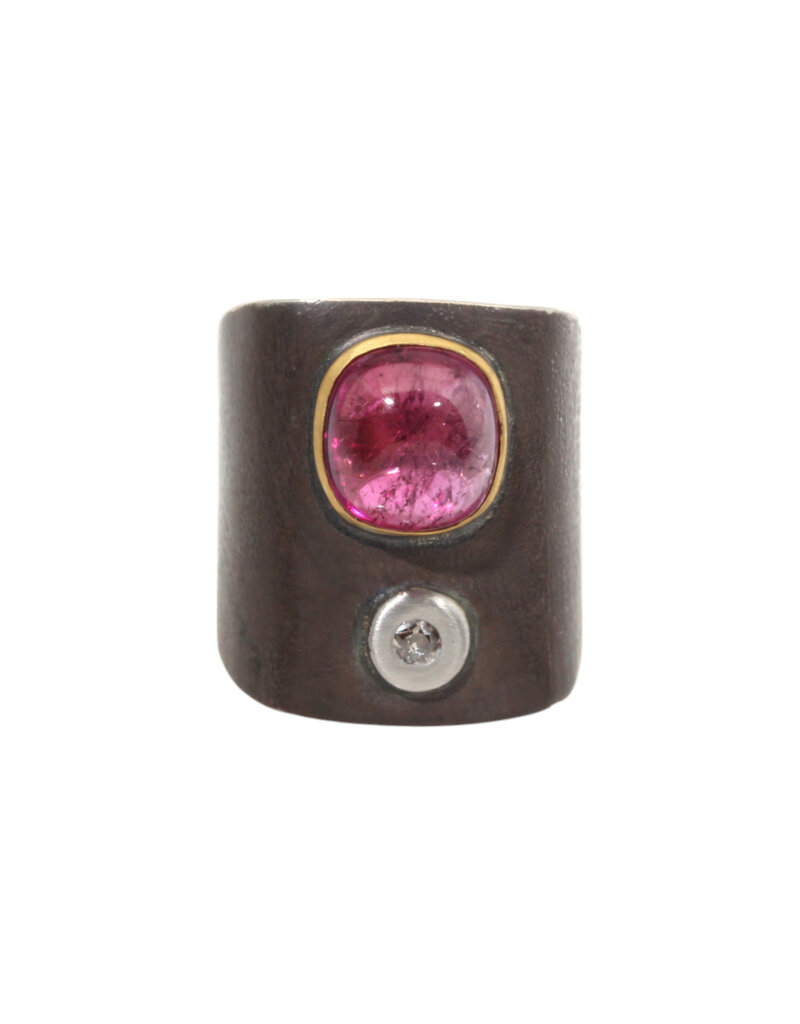 Big Sur Goldsmiths Pink Tourmaline Ancient Shield Saddle Ring in Silver, Platinum and 22k Gold