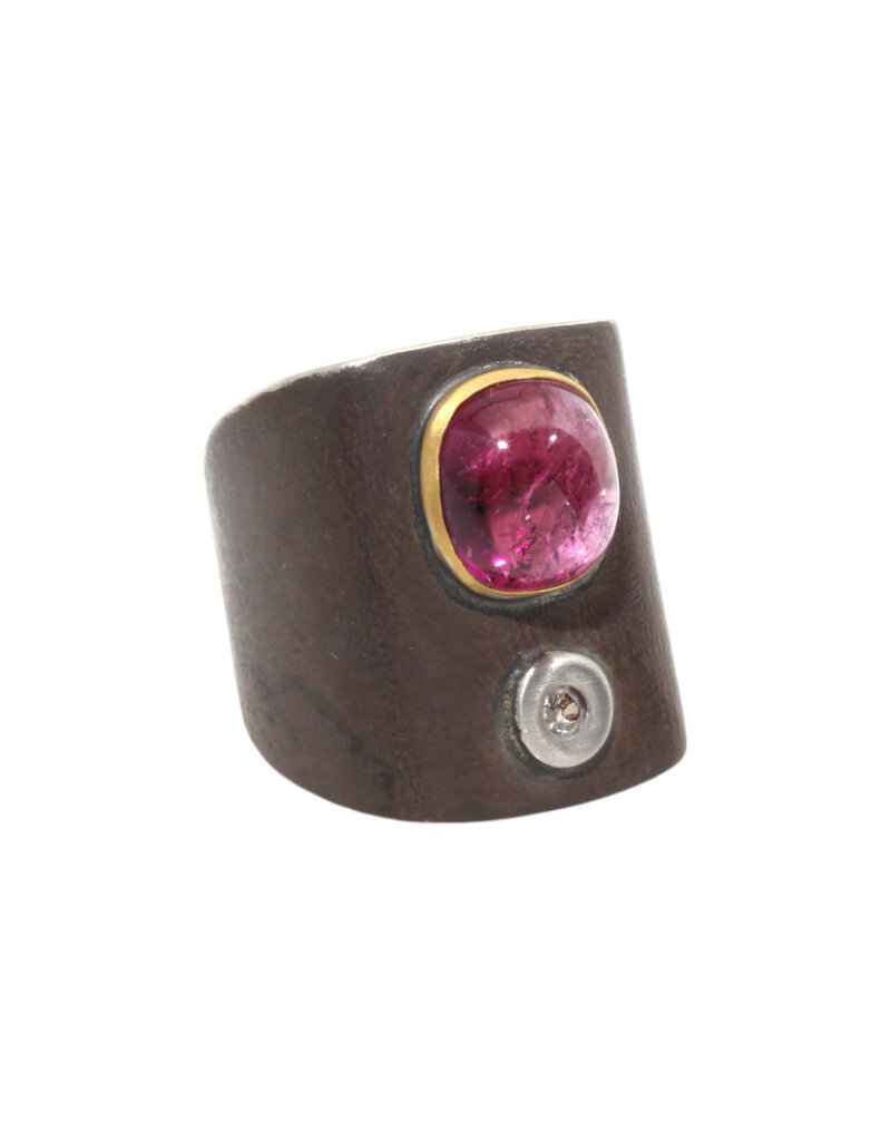 Big Sur Goldsmiths Pink Tourmaline Ancient Shield Saddle Ring in Silver, Platinum and 22k Gold