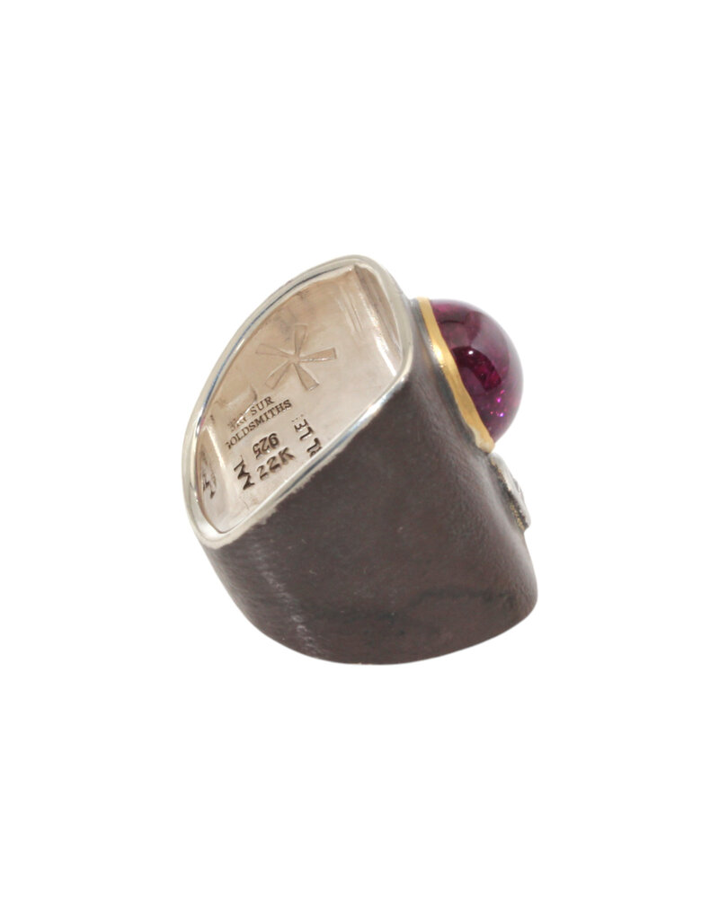 Big Sur Goldsmiths Pink Tourmaline Ancient Shield Saddle Ring in Silver, Platinum and 22k Gold