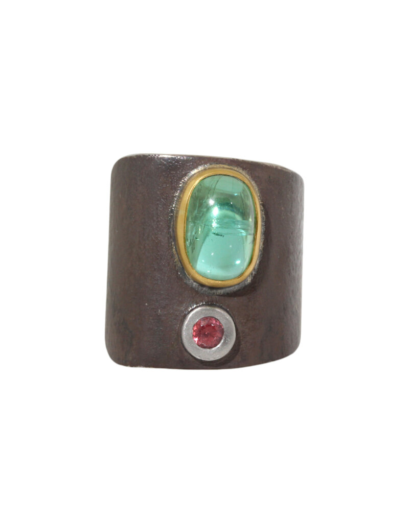 Big Sur Goldsmiths Tourmaline Ancient Shield Saddle Ring in Silver, Platinum and 22k Gold