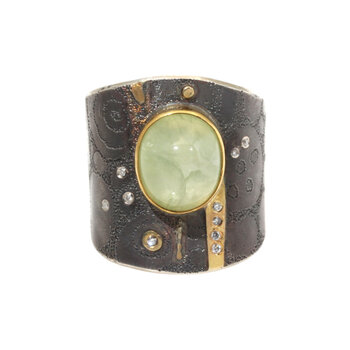 Big Sur Goldsmiths Prehnite Ancient Shield Saddle Ring in Silver and 22k Gold