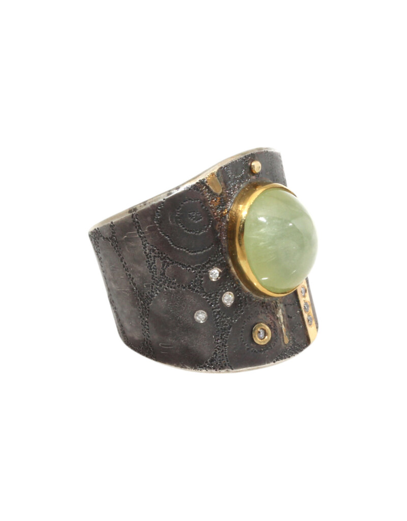 Big Sur Goldsmiths Prehnite Ancient Shield Saddle Ring in Silver and 22k Gold