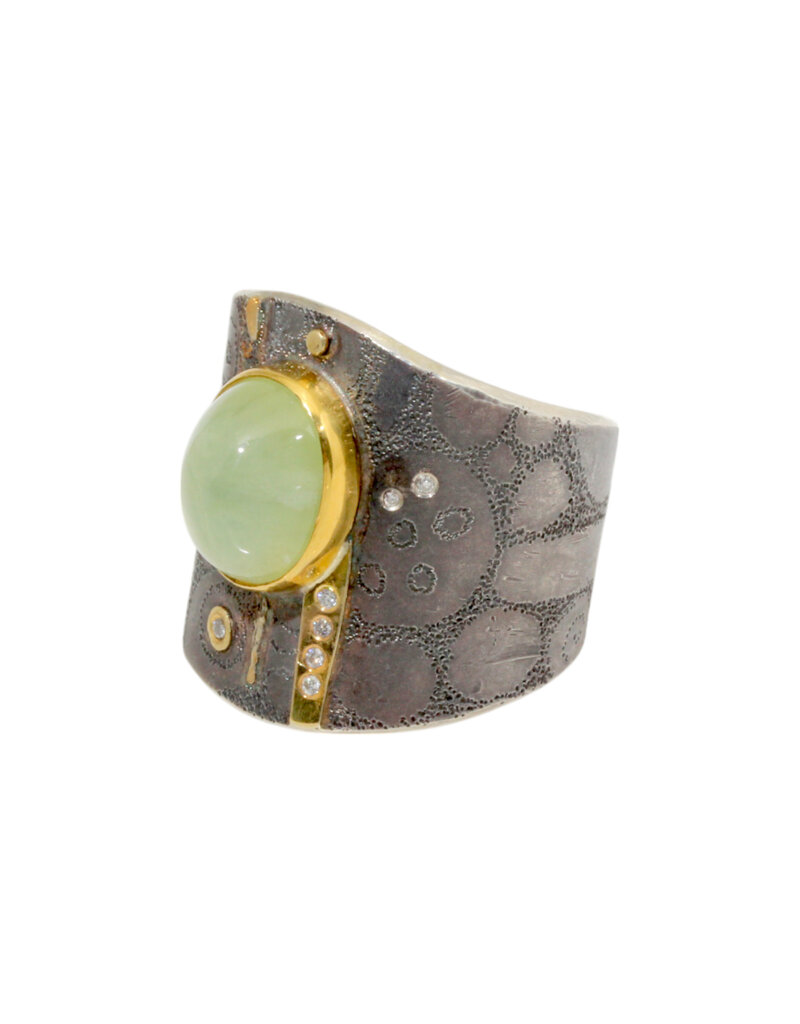 Big Sur Goldsmiths Prehnite Ancient Shield Saddle Ring in Silver and 22k Gold