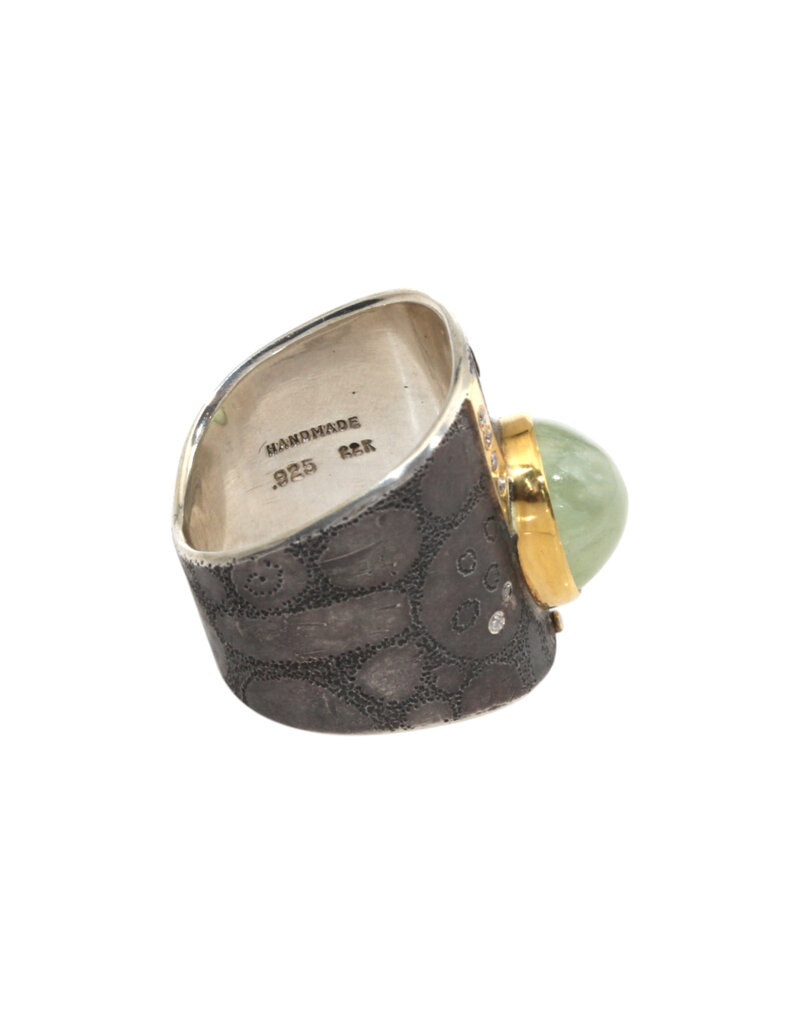 Big Sur Goldsmiths Prehnite Ancient Shield Saddle Ring in Silver and 22k Gold