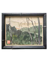 Kenneth Higashimachi Extra Small Painting #1 - Forestscape in Black Bamboo Frame