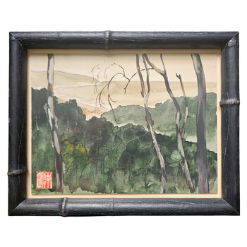 Kenneth Higashimachi Extra Small Painting #1 - Forestscape in Black Bamboo Frame
