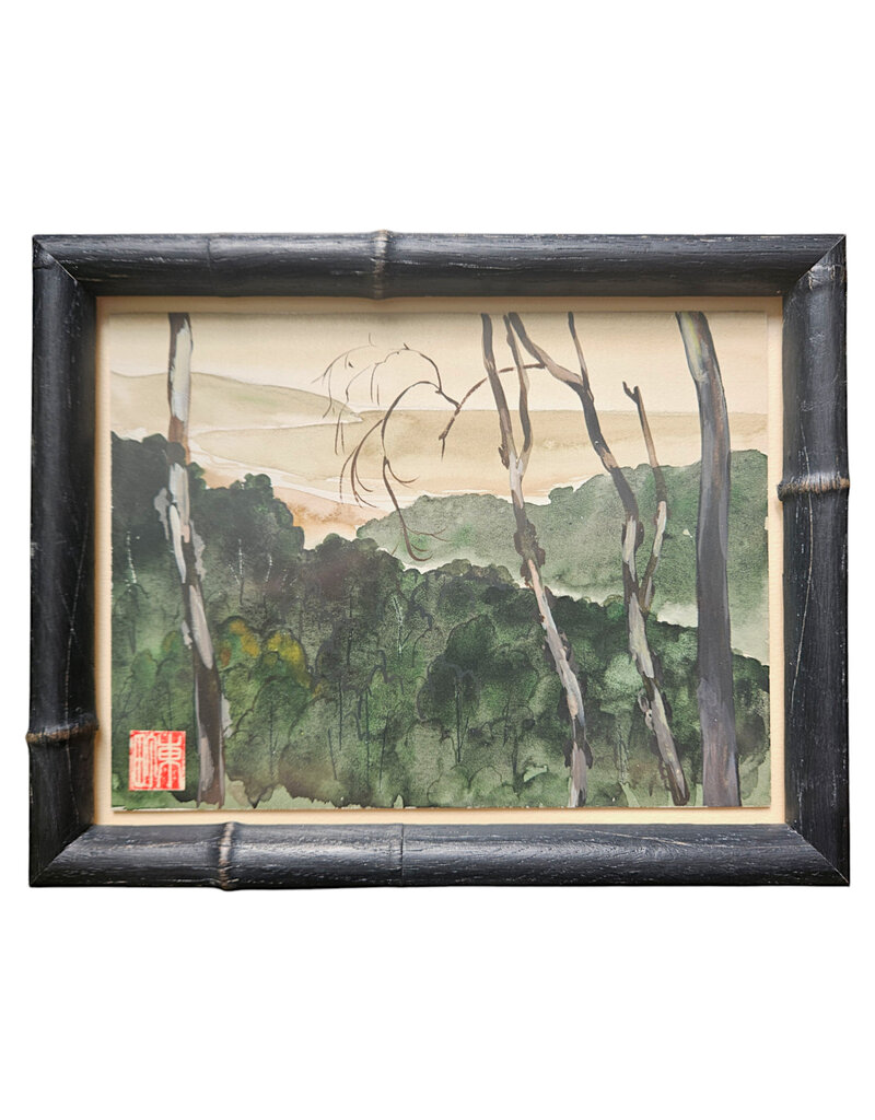 Kenneth Higashimachi Extra Small Painting #1 - Forestscape in Black Bamboo Frame