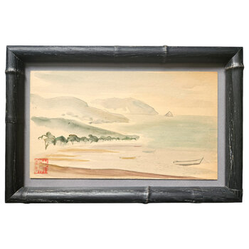 Kenneth Higashimachi Extra Small Painting #4 - Seaside Boats in Black Bamboo Frame