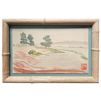 Kenneth Higashimachi Extra Small Painting #5 - Riverbank in Light Bamboo Frame