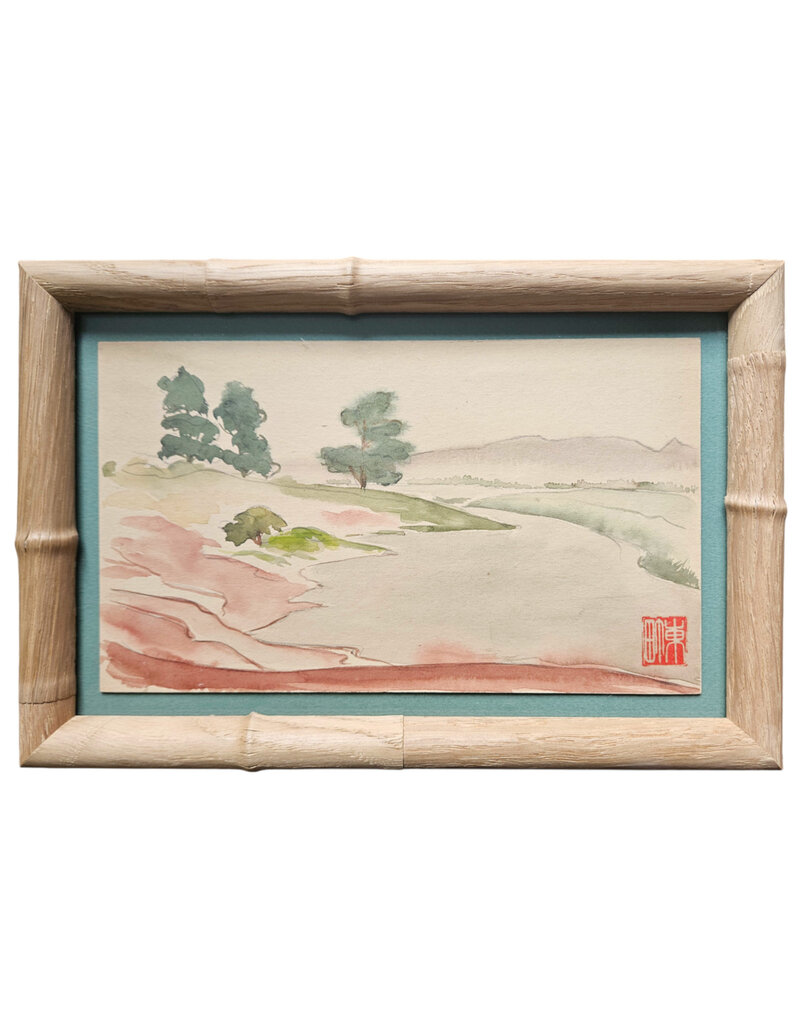 Kenneth Higashimachi Extra Small Painting #5 - Riverbank in Light Bamboo Frame
