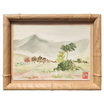 Kenneth Higashimachi Extra Small Painting #6 - Trees with Mountain in Light Bamboo Frame