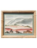 Kenneth Higashimachi Extra Small Painting #7 - Red Field with Grey Mountains in Light Bamboo Frame