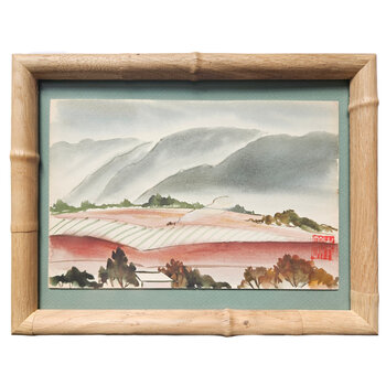 Kenneth Higashimachi Extra Small Painting #7 - Red Field with Grey Mountains in Light Bamboo Frame
