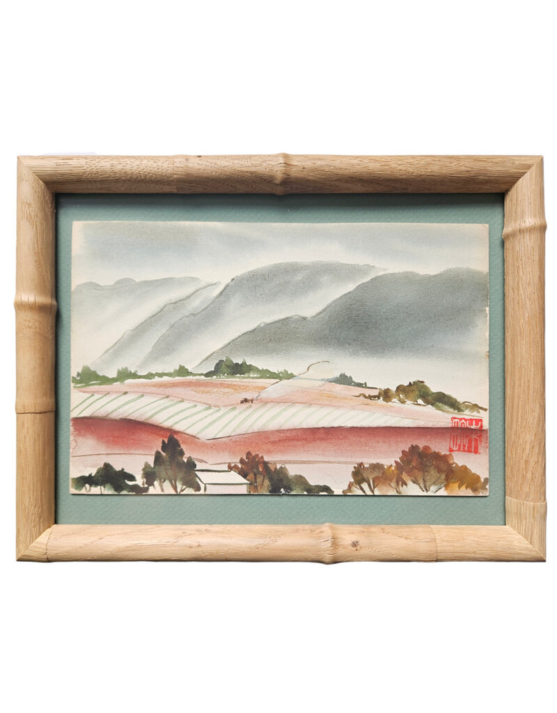Kenneth Higashimachi Extra Small Painting #7 - Red Field with Grey Mountains in Light Bamboo Frame