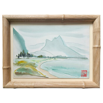 Kenneth Higashimachi Extra Small Painting #8 - Blue Beachside in Light Bamboo Frame