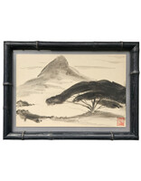 Kenneth Higashimachi Small Painting #1 - Black and White Tree with Mountain in Bamboo Frame
