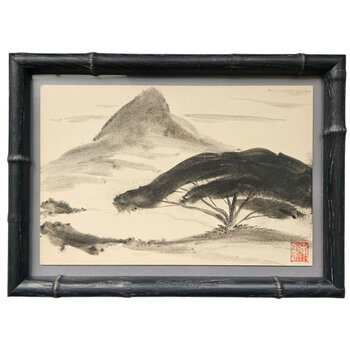 Kenneth Higashimachi Small Painting #1 - Black and White Tree with Mountain in Bamboo Frame
