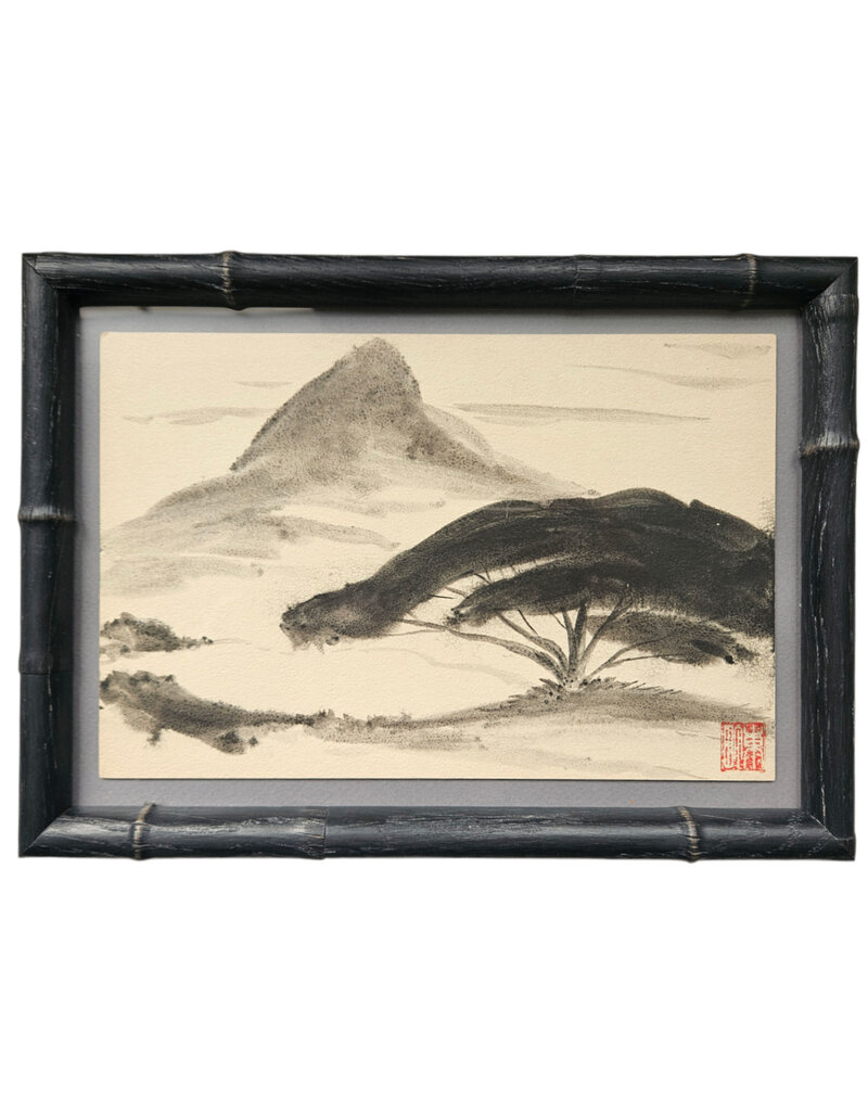 Kenneth Higashimachi Small Painting #1 - Black and White Tree with Mountain in Bamboo Frame