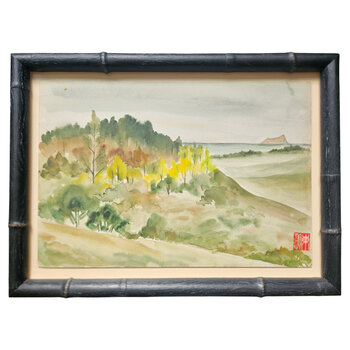 Kenneth Higashimachi Small Painting #2 - Hill with Yellow Trees in Black Bamboo Frame