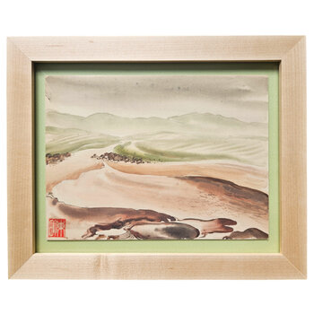 Kenneth Higashimachi Small Painting #12 - Dirt Road with Green Field in Maple Frame