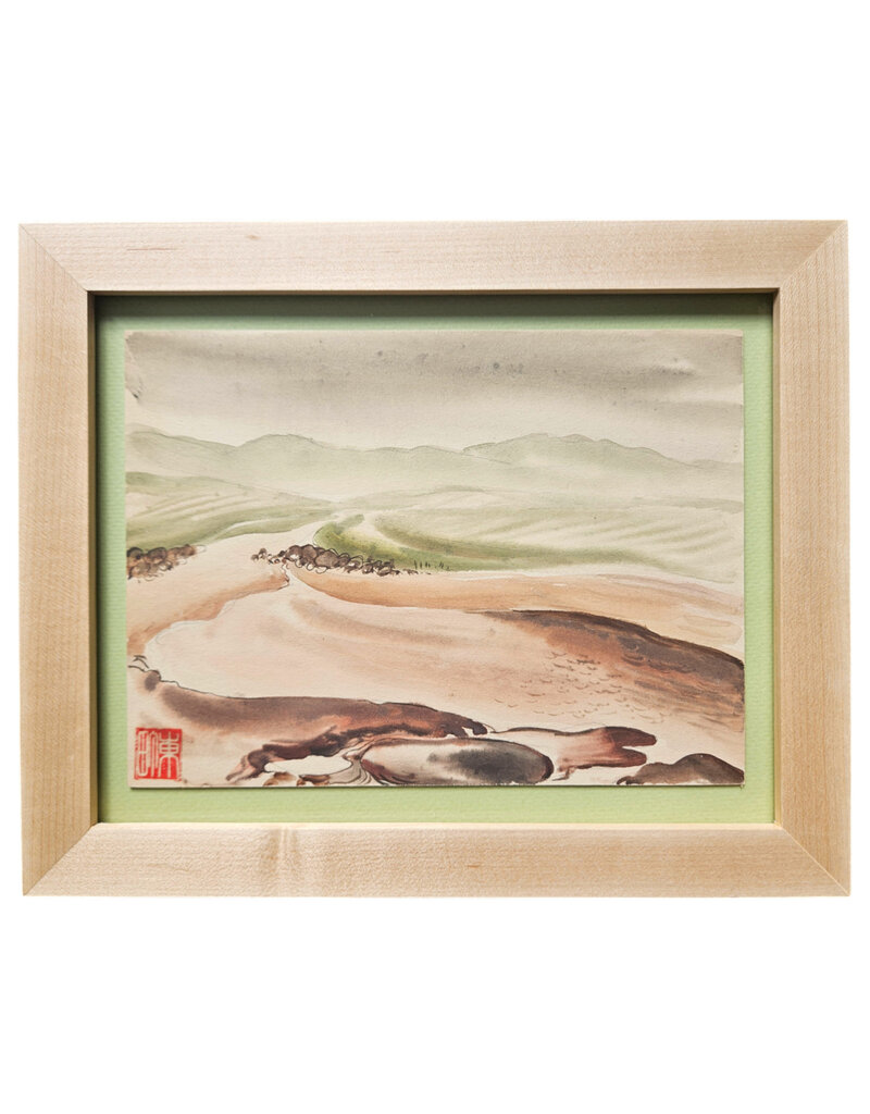 Kenneth Higashimachi Small Painting #12 - Dirt Road with Green Field in Maple Frame