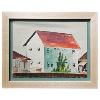 Kenneth Higashimachi Small Painting #5 - Red Roof House in Maple Frame