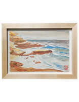 Kenneth Higashimachi Small Painting #6 - Red Rocky Beachside in Maple Frame