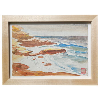 Kenneth Higashimachi Small Painting #6 - Red Rocky Beachside in Maple Frame