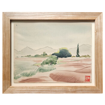 Kenneth Higashimachi Small Painting #7 - Red Beach with Reeds in Cherry Frame