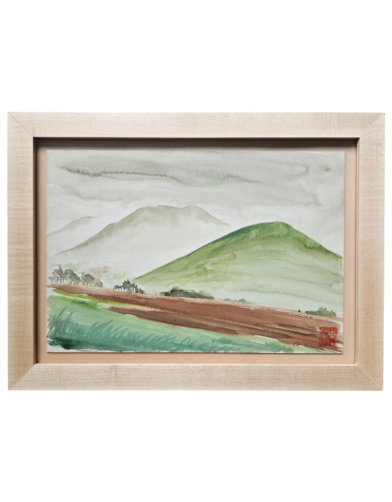 Kenneth Higashimachi Small Painting #9 - Green Mountain in Maple Frame