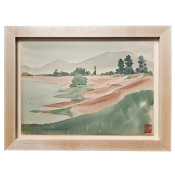 Kenneth Higashimachi Small Painting #10 - Lakeside with Mountains in Maple Frame