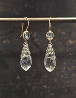 Carved Fluorite Shell Earrings with Green Sapphires in 18k Yellow Gold